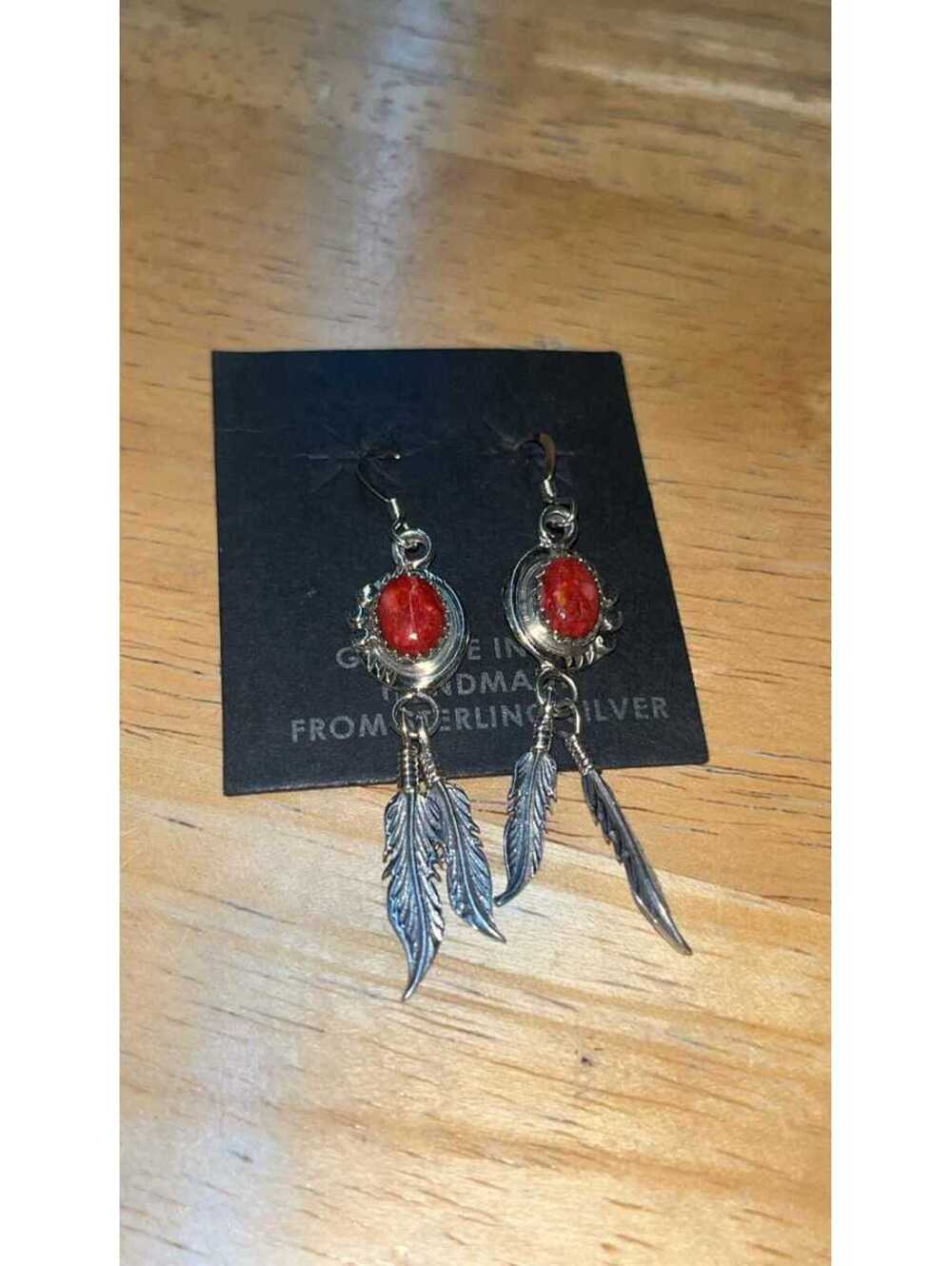 Native American Navajo sterling silver red jasper feather cluster earrings